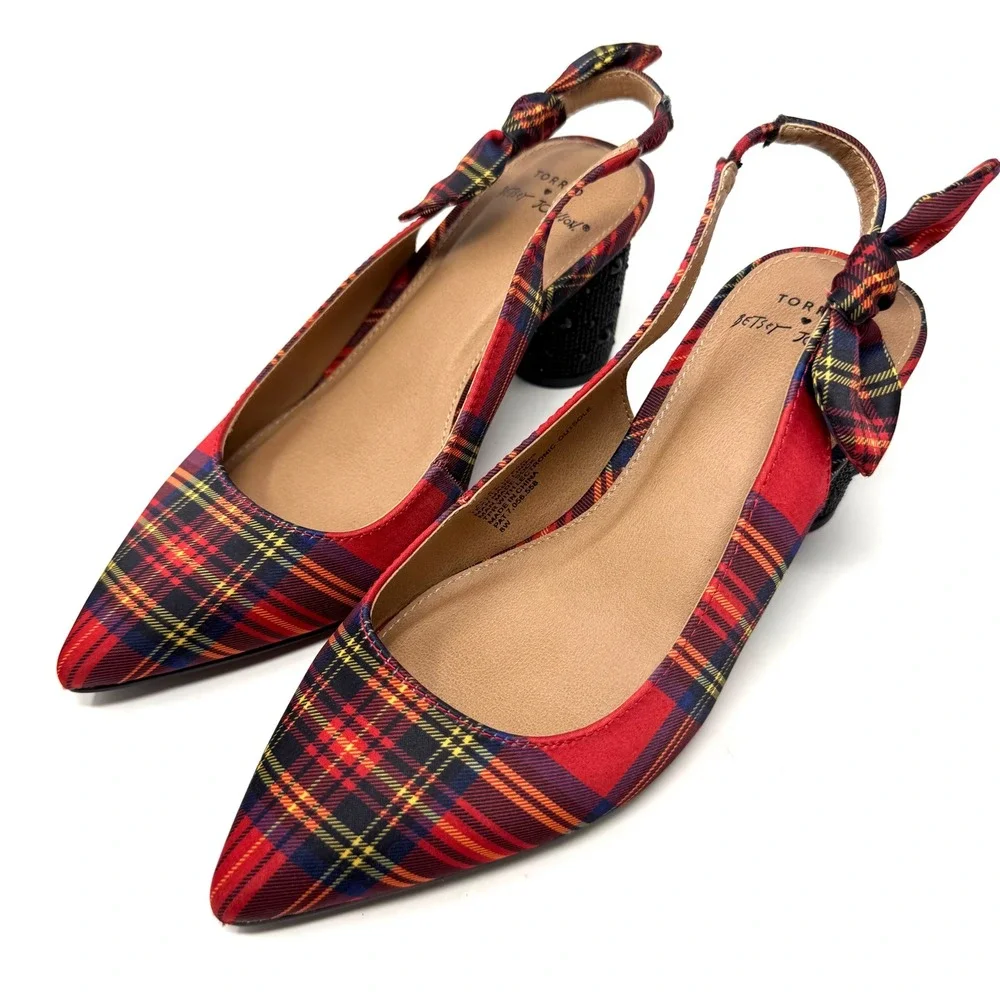 Betsey Johnson Torrid Red Plaid Slingback Block Heels Rhinestone Bow Pumps 8W‎